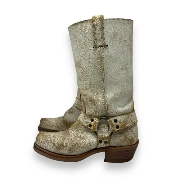 FRYE Harness 12R Leather Belted Western Moto Crackle White Square Toe 7 Women’s